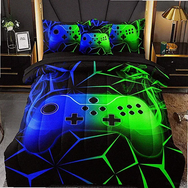 4 Pcs Gamer Twin Bedding Set for Boys, Green-Blue Gaming Twin Size Boys Comforte
