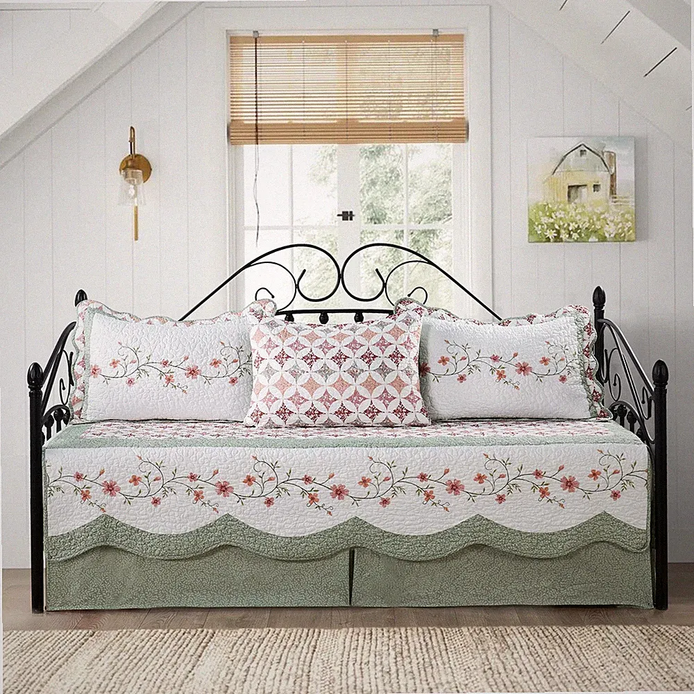 5-Piece Daybed Quilt Set w/ Bedskirt – Reversible Embroidered Bedding All Season