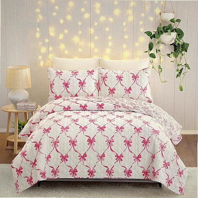 Abigail Bow Pink Quilt Set: 3-Piece Reversible Bedding for Girls, Full/Queen