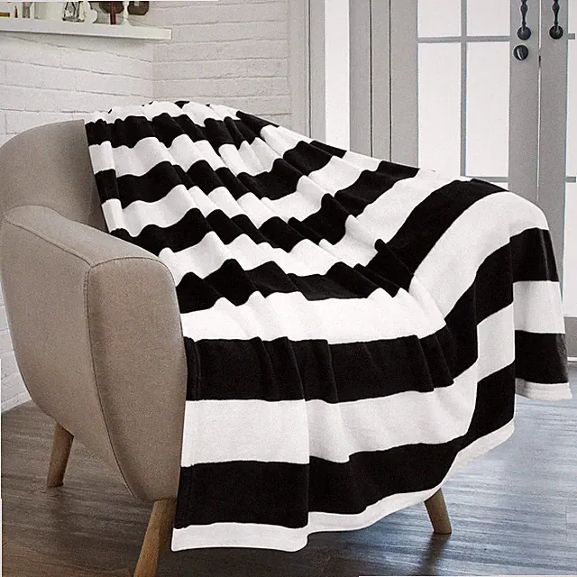 Black and White Striped Printed Soft Fleece Throw Blanket for Coach Sofa Bed
