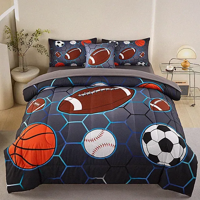 Boys Sports Bedding Set - 4 Pc Twin Comforter for Basketball & Soccer