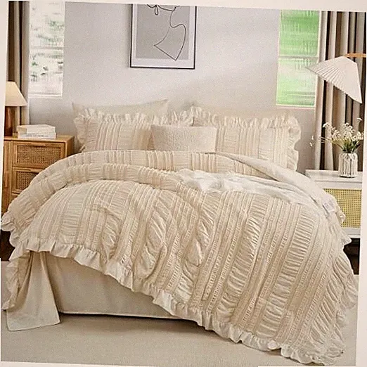 Comforter Size Ruffle Comforter for Dorm Room Essentials for Bed, Full Beige