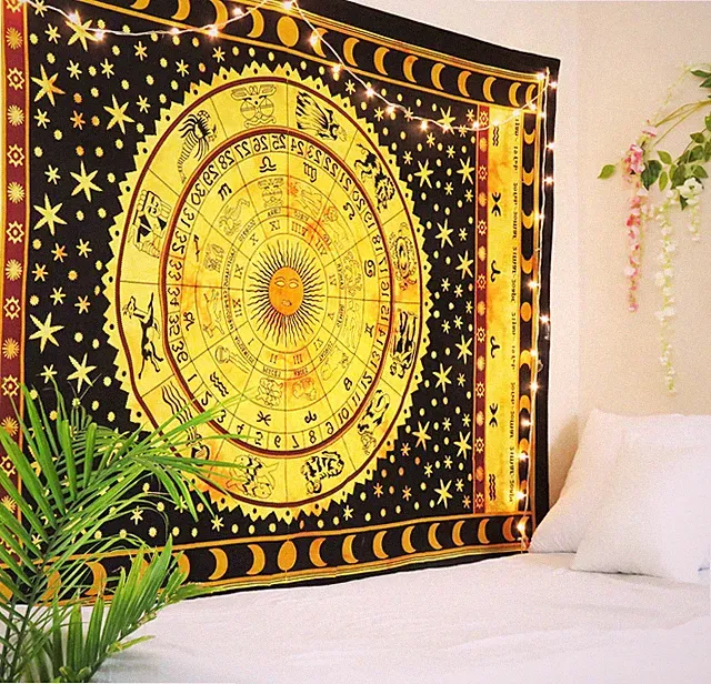 Cotton Twin Bed Sheet Horoscope Wall Hanging Tapestry Indian Bedspread for Gift