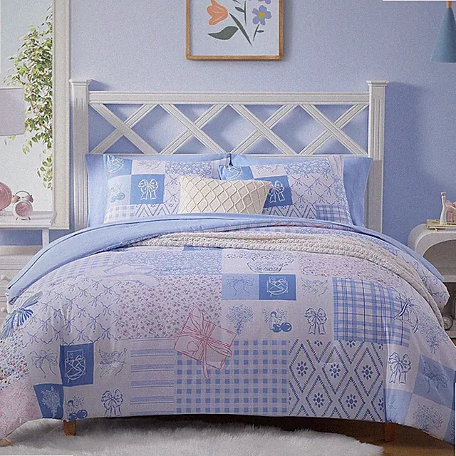 Cute Blue Bow Twin XL Comforter Set for Girls - 5 Piece Dorm Bedding Set