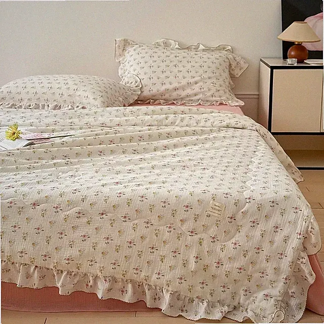 Cute Floral Muslin Cotton Quilt with Ruffles for Kids Adults