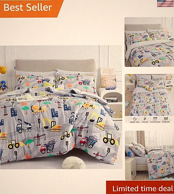 Delightful Twin Excavator Comforter Set - 6-Piece Microfiber Bedding for Boys