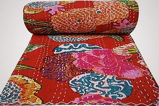 Indian Reversible Kantha Quilt for Living Dorm Room Bed Cover Handmade Stitched
