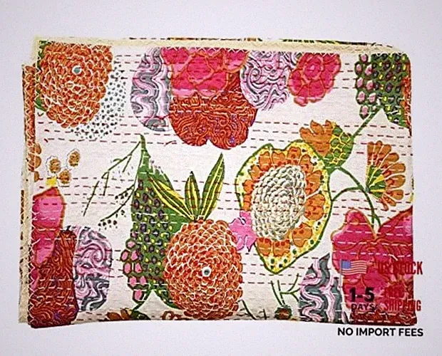 Indian Reversible Kantha Quilt for Living Dorm Room Bed King 90x108 Inch White
