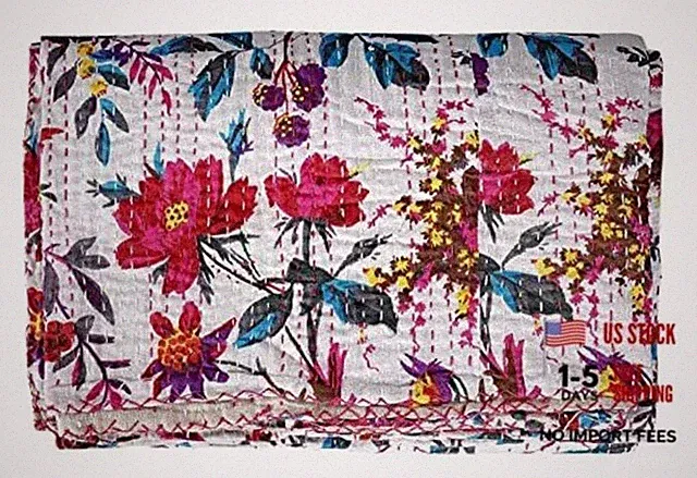 Indian Reversible Kantha Quilt for Living Dorm Room Double 90x108 Inch White