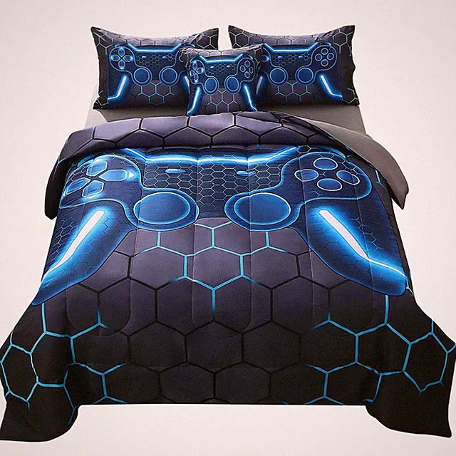 JQinHome Twin Gamer Comforter Set for Boys,6 Piece (6-Piece), Grey Blue