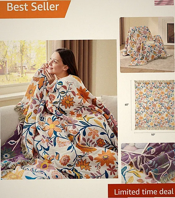 Lightweight Reversible Boho Throw Blanket - 100% Cotton, Perfect for All Seasons