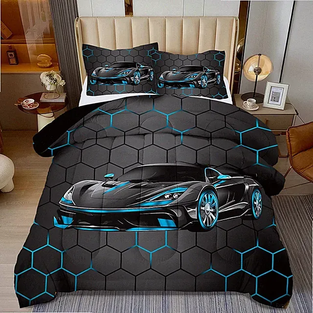 Race Car Twin Bedding Set for Boys - Blue Sports Car Comforter 3 Pcs