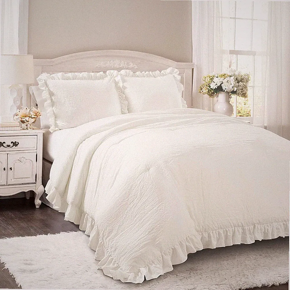 Reyna Ruffle Comforter Set - 3 Piece Cozy Bedding for Dorm Room, White