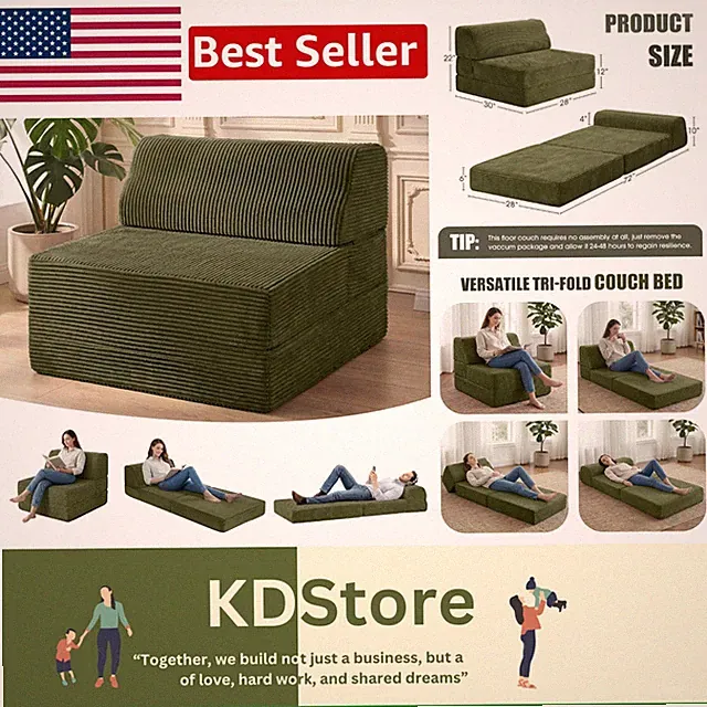 Space-Saving Green Sofa Bed with Washable Cover - Perfect for Dorm & Apartment