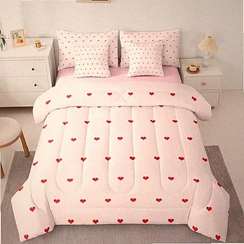 Stripe Love Geometric Comforter Set 7 Pieces for Kids Twin Pink Red