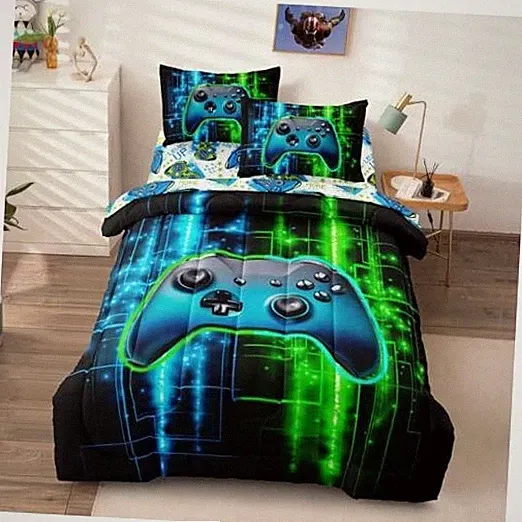 Twin Size Bed in A Bag 5 Pieces Gaming Bedding Set for Boys Blue Green Blue